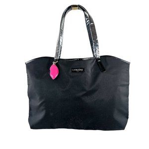 Lancôme Black Tote Nylon Pink Lip Charm 2 Faux Leather Handles Beach Bag NEW